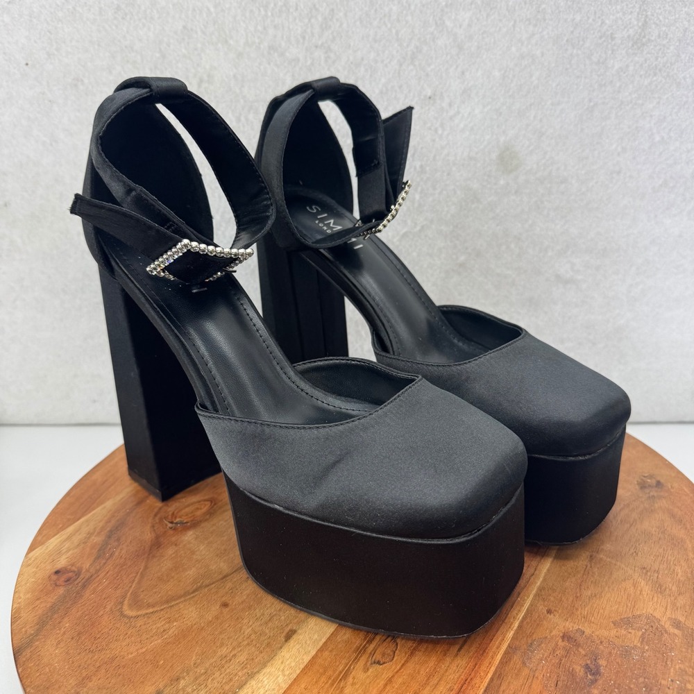 SIMMI London Adley Women's 9 Black Satin Platform Heels Ankle Strap Shoes